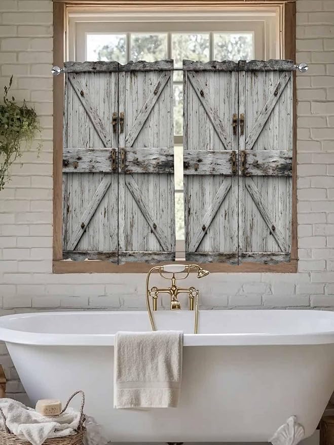 Vintage Gate Kitchen Curtains 54 Inches Length, Farmhouse Wooden Grain Shabby Chic Door Window Treatment Curtain Drapes, Decorative Window Curtains for Bedroom Cafe, 52"x54", 2 Panels