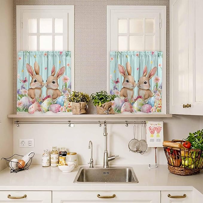 Easter Kitchen Curtains Set 3 Piece for Windows, Rod Pocket Valance and Tier Set 24 Inch Length, Spring Rabbit Colorful Eggs Flowers Wooden Grain Light Filtering Cafe Curtains for Living Room Bathroom
