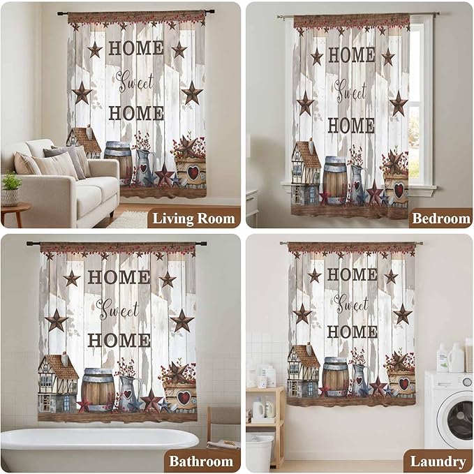 Farmhouse Sheer Curtains 45 Inch Length Retro Country Star Berry Vintage Wood Grain Chiffon Curtain for Bedroom Living Room Light Filtering Window Treatments Voile Curtains Drapes for Kitchen