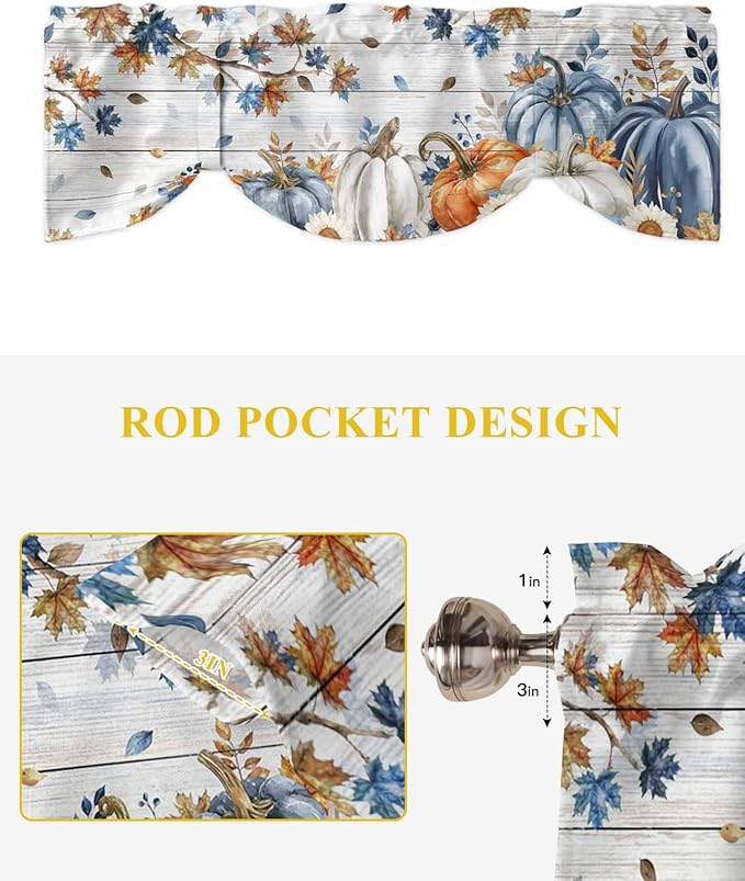 Thanksgiving Pumpkin Tie Up Valance Curtains for Windows, Kitchen Curtains Window Shades, Fall Maple Leaf Daisy Wooden Grain Light Filter Roman Curtain Valances for Bedroom/Bathroom/Cafe 42'' x 18''