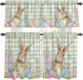 Kitchen Curtains Tiers and Valance Set of 3, Easter Light Filtering Window Curtain Set, Spring Bunny Colorful Eggs Floral Leaves Grey Plaid Rod Pocket Curtain Drapes for Living Room, 24 Inches Tiers