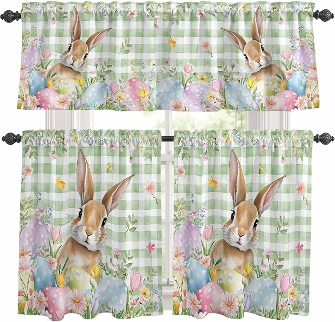 Kitchen Curtains Tiers and Valance Set of 3, Easter Light Filtering Window Curtain Set, Spring Bunny Colorful Eggs Floral Leaves Grey Plaid Rod Pocket Curtain Drapes for Living Room, 36 Inches Tiers