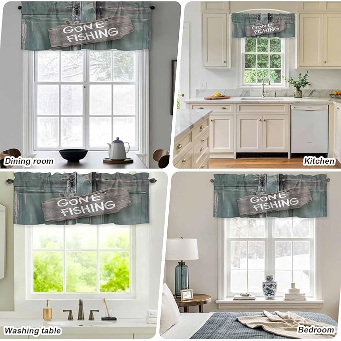 Gone Fishing Valances for Windows, Bronze Wood Grain Kitchen Valance Light Filtering Rod Pocket Short Curtains for Kitchen Bathroom, 1 Panel, 60"x14"