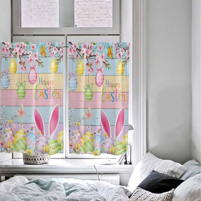 Colorful Easter Tier Curtains 45 Inches Long, Spring Watercolor Bunny Egg Flower Wood Grain Window Treatment Curtain Drapes, Small Curtain Drapes for Bathroom Laundry Room, 27.5"x45", 2 Panels