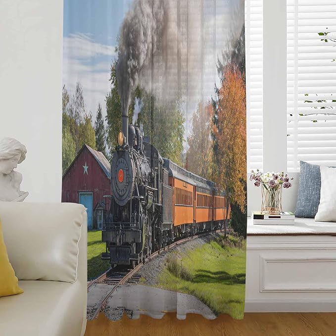 Steam Train Sheer Curtains 84 Inch Length Railroad Country Barn Rustic Trees Farmhouse Chiffon Curtain for Bedroom Living Room Light Filtering Rod Pocket Window Treatments Voile Curtains Drapes