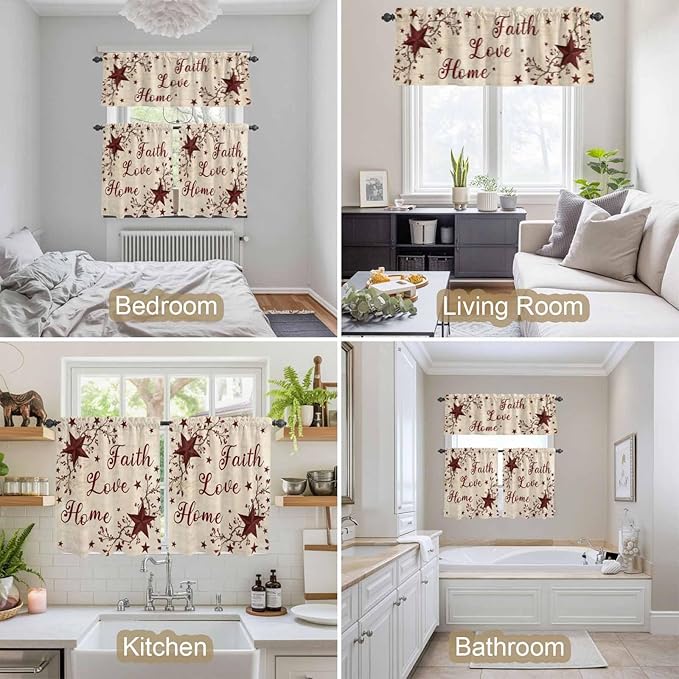 Kitchen Curtains Tiers and Valance Set of 3, Vintage Country Light Filtering Window Curtain Set, Vintage Rustic Texas Stars Plants Branch Rod Pocket Curtain Drapes for Living Room, 36 Inches Tiers