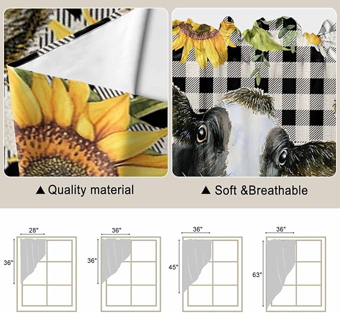 Retro Sunflowers Swag Valances for Windows, Farmhouse Floral Cow Butterfly Black Plaid Rod Pocket Kitchen Curtains Valance, Small Window Curtains Swag for Cafe Living Room, 2 Panels, 36x36 inch