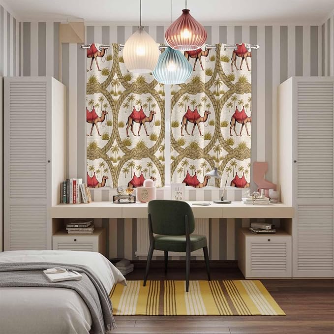 2 Panel Kitchen Cafe Curtains, Camels Palm Trees Sunlight Filtering Nature Air Through, Window Decor Tier Curtains for Living Room 104W x 84L inch Desert Date Coconut Trees Leaves Cords Beige