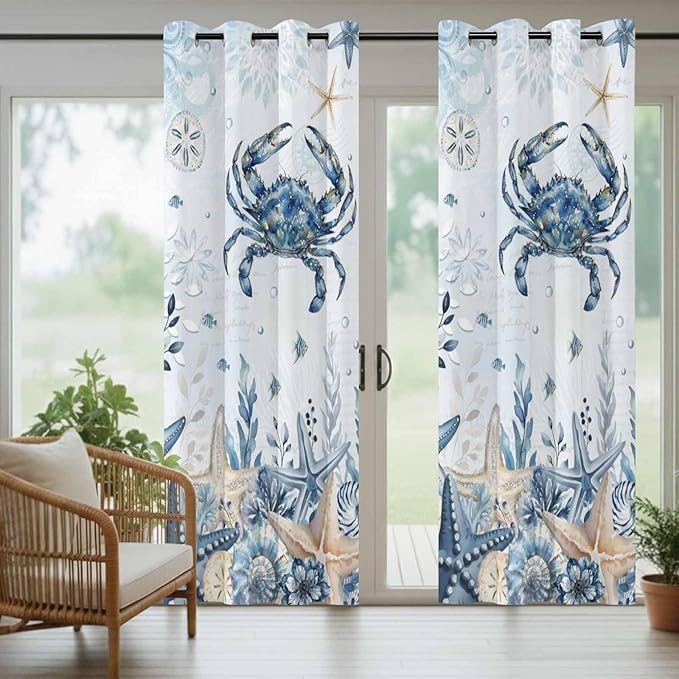 Oceans Outdoor Curtains for Patio Crabs Marine Life Shell Starfish Blue Waterproof Outside Curtains with Grommet Top Weatherproof Curtain for Cabana Pergola Gazebo, 1 Panel, 54" W x 95" L