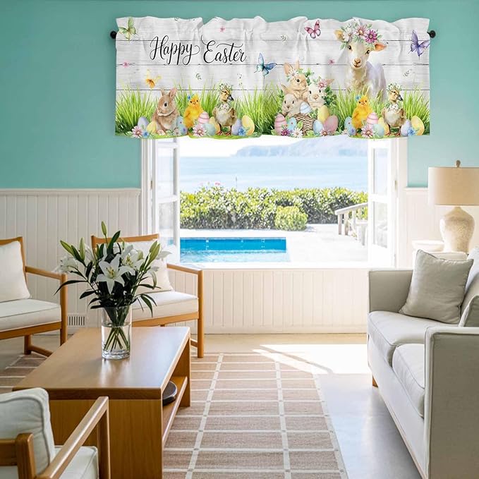 Easter Curtain Valances for Windows, Kitchen Valance Window Treatment, Spring Sheep Bunny Duck Plants Wooden Grain Light Filtering Block Curtains for Bathroom/Bedroom/Living Room 54'' x 18''