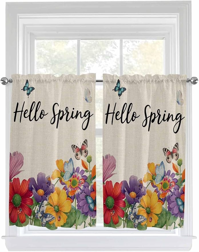 Spring Flowers Tier Curtains 45 Inches Long, Farmhouse Vintage Country Colorful Floral Window Treatment Curtain Drapes, Small Curtain Drapes for Bathroom Laundry Room, 27.5"x45", 2 Panels