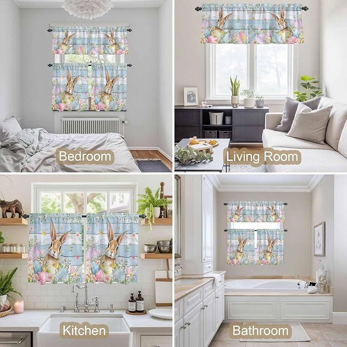 Kitchen Curtains Tiers and Valance Set of 3, Easter Light Filtering Window Curtain Set, Farmhouse Spring Rabbit Eggs Flowers Wooden Board Rod Pocket Curtain Drapes for Living Room, 36 Inches Tiers