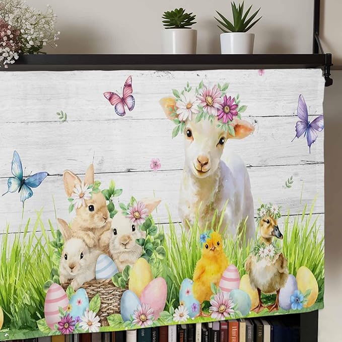 Easter Curtain Valances for Windows, Kitchen Valance Window Treatment, Spring Sheep Bunny Duck Plants Wooden Grain Light Filtering Block Curtains for Bathroom/Bedroom/Living Room 54'' x 18''