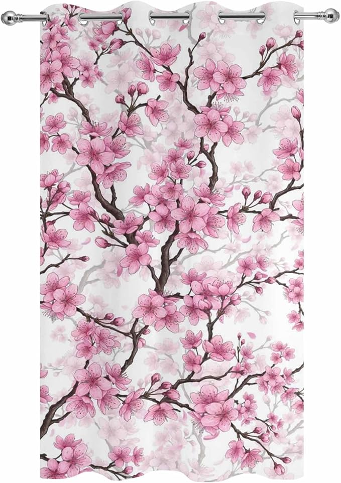 Cherry Flowers Outdoor Curtains for Patio Spring Flower Vintage Watercolor Waterproof Outside Curtains with Grommet Top Weatherproof Curtain for Cabana Pergola Gazebo, 1 Panel, 54" W x 84" L
