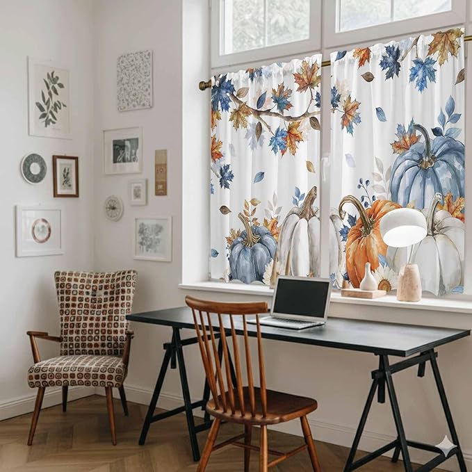 Navy Blue Pumpkin Fall Kitchen Tier Curtains 45 Inch Long 2 Panel Set,Rod Pocket Short Window Treatment,Thanksgiving Maple Leaves Branches Curtains & Drapes for Bathroom Basement 27.5"W x 45"L