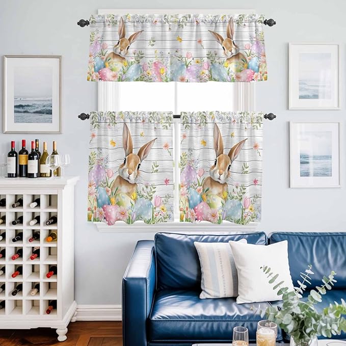 Kitchen Curtains Tiers and Valance Set of 3, Easter Light Filtering Window Curtain Set, Rustic Spring Bunny Eggs Botanical Grey Wooden Rod Pocket Curtain Drapes for Cafe, Living Room, 24 Inches Tiers
