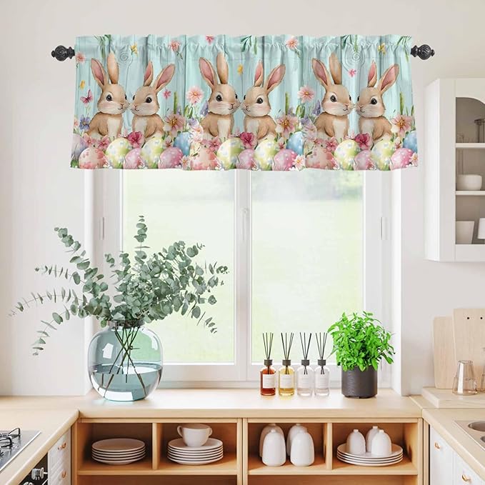 Easter Kitchen Curtains Set 3 Piece for Windows, Rod Pocket Valance and Tier Set 36 Inch Length, Spring Rabbit Colorful Eggs Flowers Wooden Grain Light Filtering Cafe Curtains for Living Room Bathroom
