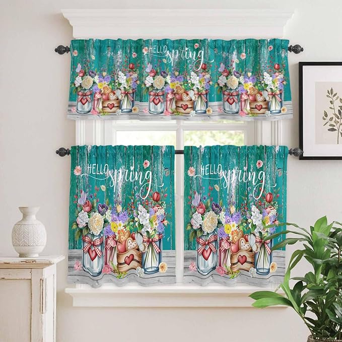 Kitchen Curtains Tiers and Valance Set of 3, Spring Flowers Light Filtering Window Curtain Set, Farmhouse Watercolor Teal Wood Grain Rod Pocket Curtain Drapes for Cafe, Living Room, 36 Inches Tiers