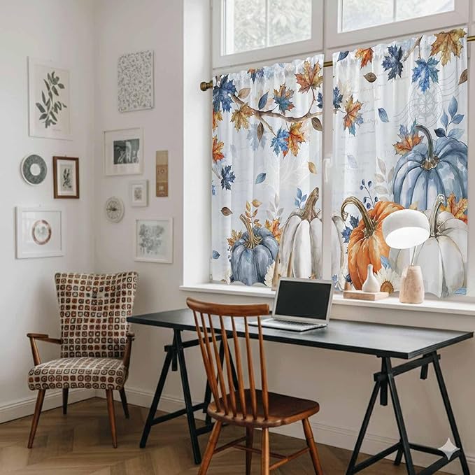 Fall Blue Maple Kitchen Curtains 54 Inch Long 2 Panel Set,Rod Pocket Window Curtains Panels,Thanksgiving Pumpkins Daisy Country Leaves Light Filtering Privacy Draperies for Bedroom Laundry 42"W x 54"L