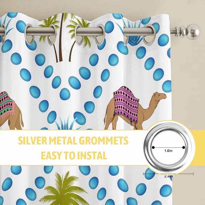 2 Panel Kitchen Cafe Curtains, Camels Palm Trees Sunlight Filtering Nature Air Through, Home Decor Window Covering Tier Curtains for Living Room 104W x 52L inch Tropical Desert Animal Plants Polka Dot