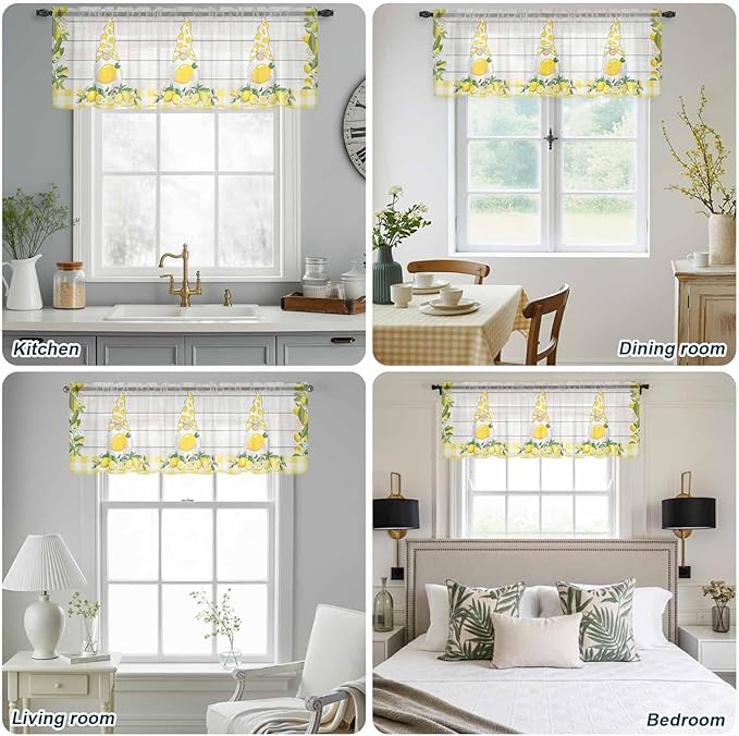 Lemon Dwarfs Sheer Valance Curtains, Gnome Green Leaf Wood Striped Yellow Plaid Light Filtering Kitchen Valances Rod Pocket Voile Curtain Window Treatment for Bedroom/Living Room/Basement 54Wx18L