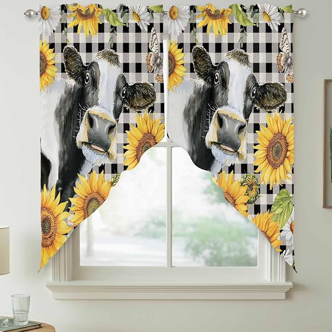 Retro Sunflowers Swag Valances for Windows, Farmhouse Floral Cow Butterfly Black Plaid Rod Pocket Kitchen Curtains Valance, Small Window Curtains Swag for Cafe Living Room, 2 Panels, 36x36 inch