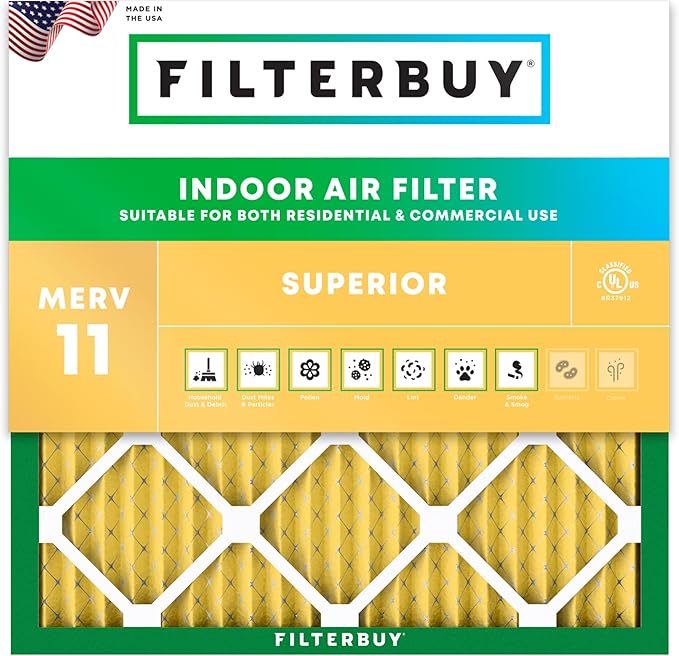 Filterbuy 21x21x1 Air Filter MERV 11 Superior Pet & Allergy Defense (1-Pack), Electrostatic Pleated HVAC AC Furnace Filters Replacement, Made in USA (Actual Size: 20.88 x 20.88 x 0.75)