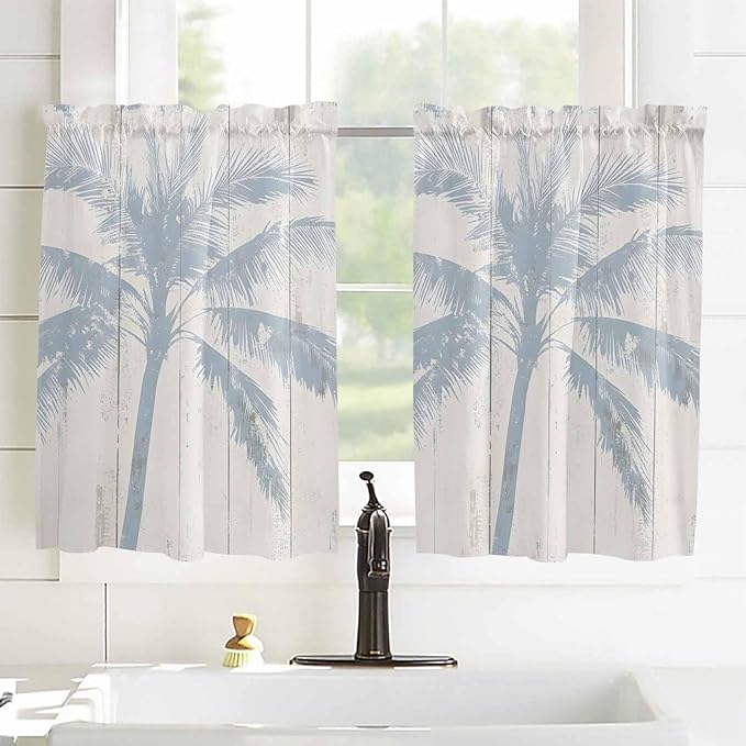 Summer Coconut Tree on Vintage Wood Grain Window Valance Curtains, Seaside Plants Light Filtering Kitchen Valance with 3-inch Rod Pocket for Living Room Bathroom Bedroom,2 Panel,52x45In