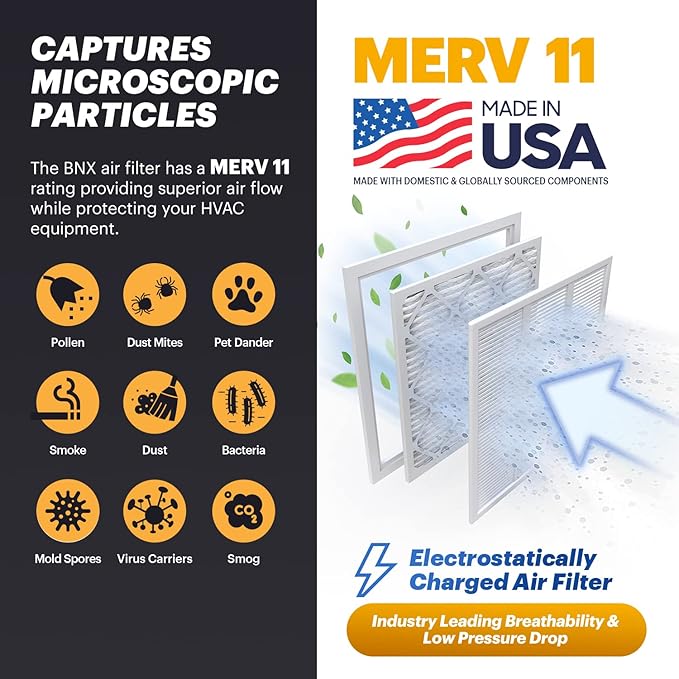 BNX TruFilter 20x20x1 Air Filter MERV 11 (6-Pack) - MADE IN USA - Allergen Defense Electrostatic Pleated Air Conditioner HVAC AC Furnace Filters for Allergies, Dust, Pet, Smoke, Allergy MPR 1200 FPR 7