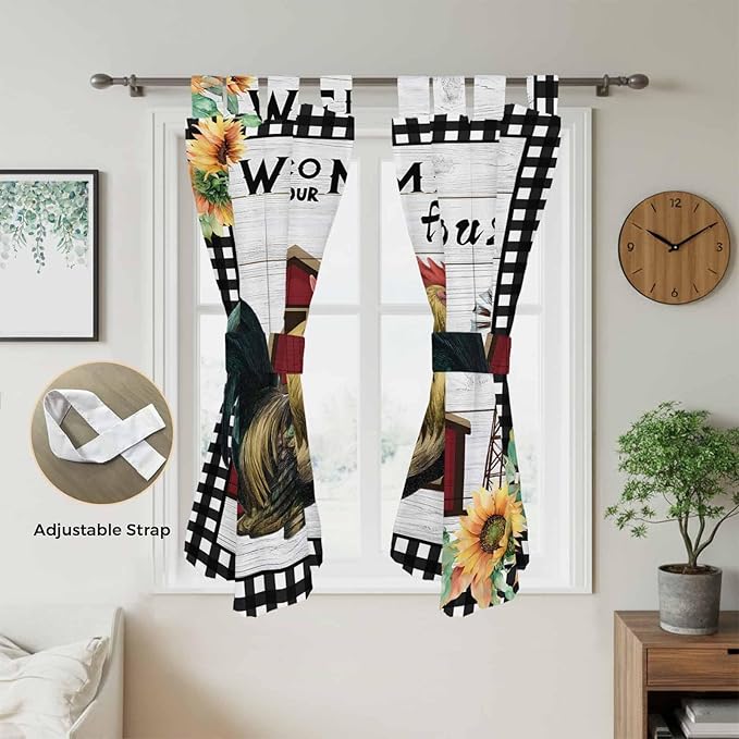 Farmhouse Rooster Bathroom Curtains 63 Inch Length, Window Curtains Tab Top, Rustic Red Barn Windmill Sunflowers Light Filtering Window Treatments Drapes 52"x63" 2 Panel