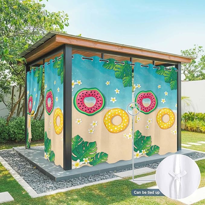 Summer Outdoor Curtains for Patio Plumeria Swimming Circles Ocean Beach Waterproof Outside Curtains with Grommet Top Weatherproof Curtain for Cabana Pergola Gazebo, 1 Panel, 54" W x 84" L