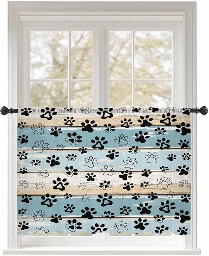 Sheer Curtains 45 Inch Length, Blue Beige Paw Print Semi Sheer Curtains Light Filtering Window Treatment, Vintage Farmhouse Country Wood Grain Privacy Voile Drapes for Living Room Bedroom 52x45 Inch