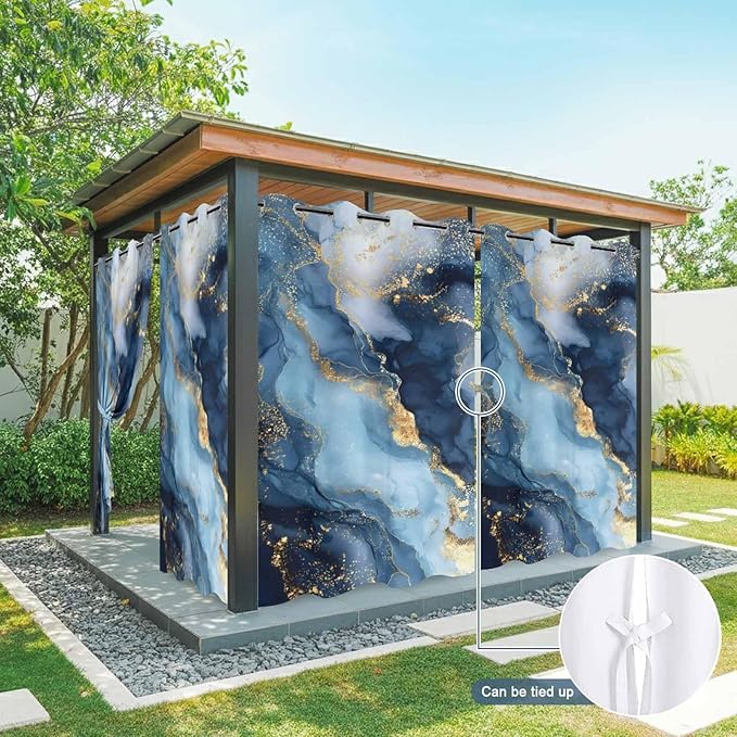 Marble Texture Outdoor Curtains for Patio Abstract Gradient Blue Golden Gorgeous Waterproof Outside Curtains with Grommet Top Weatherproof Curtain for Cabana Pergola Gazebo, 2 Pack, 54" W x 108" L
