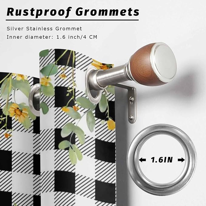 Sunflowers Outdoor Curtains for Patio Summer Floral Eucalyptus Leaf Buffalo Check Waterproof Outside Curtains with Grommet Top Weatherproof Curtain for Cabana Pergola Gazebo, 2 Pack, 54" W x 84" L