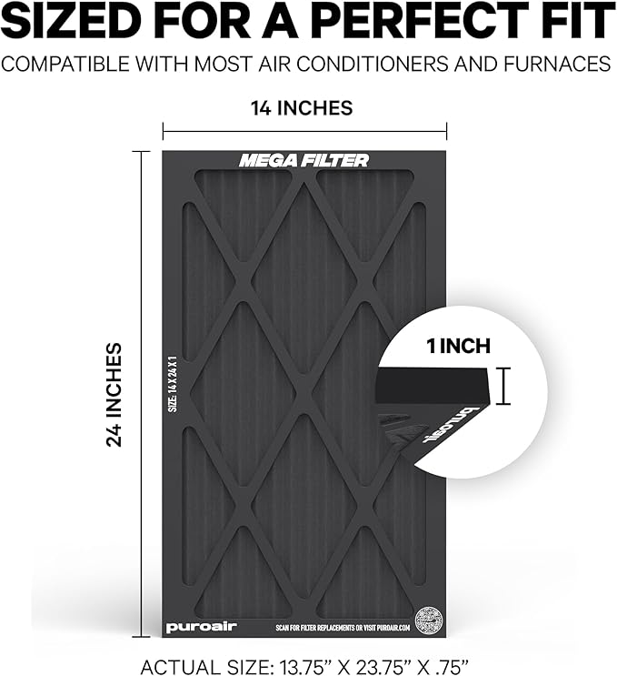PuroAir MegaFilter - 14x24x1 Air Filter MERV 13 Activated CarbonTech Defense - Heavy Duty 3 Layer Furnace Filters Allergens, Pollen, Dust, Pet Dander, Smoke, Odors - HVAC Air Filter 14x24x1 (4-Pack)
