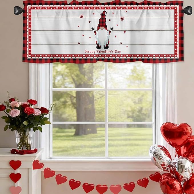 Valentine's Day Valance Curtains for Kitchen, Gnome Red Love Plaid Wood Grain Privacy Rod Pocket Valance Curtain, Light-Filtering Window Treatment for Bedroom Bathroom, 60"x18"