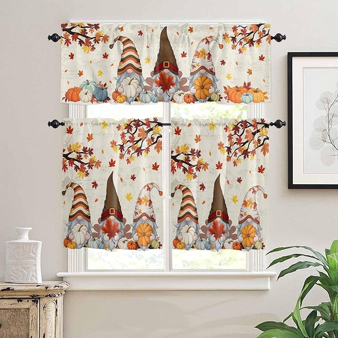 Fall Kitchen Curtain Set, Thanksgiving Gnomes Maple Leaf Pumpkin Beige Window Valance and Tiers 36" Length, Light Filtering Short Curtains Valance for Cafe Bathroom Bedroom 54"x18"