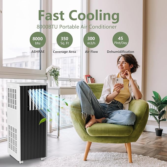 8000 BTU Portable Air Conditioner, Portable AC Unit with Fan & Dehumidifier, Air Conditioner Portable for Rooms Up to 350 Sq Ft, Remote Control, 24H Timer for Bedroom, Office, Apartment, Black & White