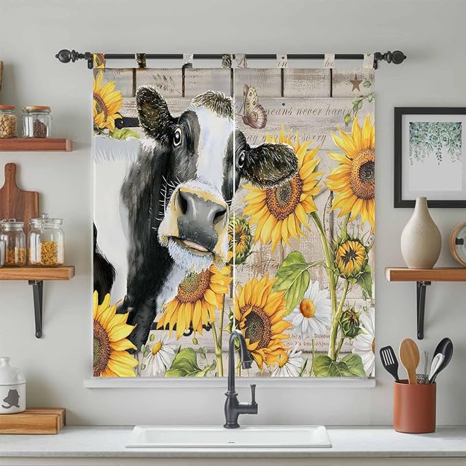 Yellow Sunflowers Living Room Curtains 84 Inch Length, Window Curtains Tab Top, Farmhouse Cow Barn Doors Floral Butterfly Light Filtering Window Treatments Drapes 42"x84" 2 Panel