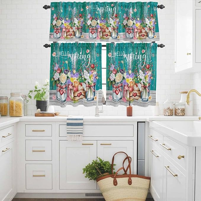 Kitchen Curtains Tiers and Valance Set of 3, Spring Flowers Light Filtering Window Curtain Set, Farmhouse Watercolor Teal Wood Grain Rod Pocket Curtain Drapes for Cafe, Living Room, 36 Inches Tiers