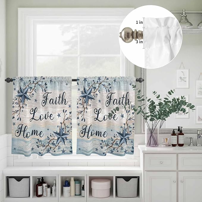 Vintage Farmhouse Kitchen Curtains Set 3 Piece for Windows, Rod Pocket Valance and Tier Set 36 Inch Length, Blue Country Texas Star Vines Wooden Light Filtering Cafe Curtains for Living Room Bathroom
