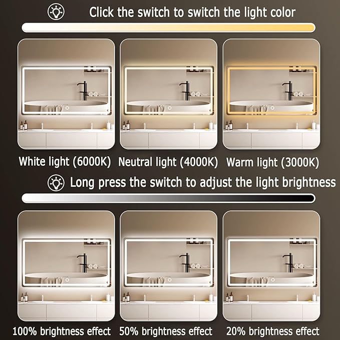 Backlit LED Illuminated Bathroom Mirror with LED Lights, Lighted Bathroom Makeup Wall Mounted Mirror with Demister Pad, Sensor Touch Switch, Horizontal/Vertical(B,H50*W70CM/H19.6*W27.5IN)