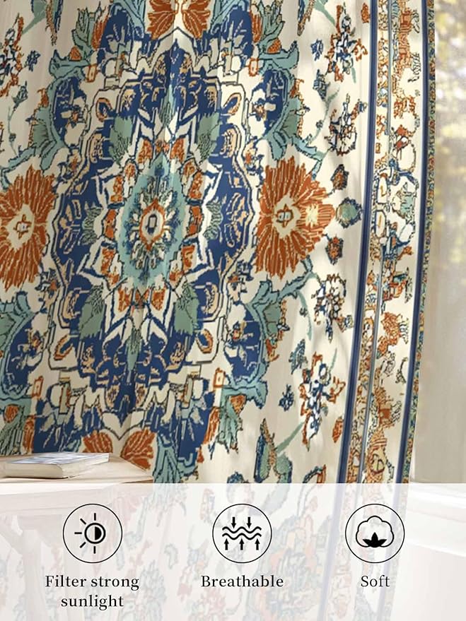 Sheer Curtains 96 Inches Long, Southwest Farmhouse Semi Sheer Curtains Light Filtering Window Treatment, Orange Blue Desert Bohemian Privacy Voile Drapes for Living Room Bedroom 52x96 Inch