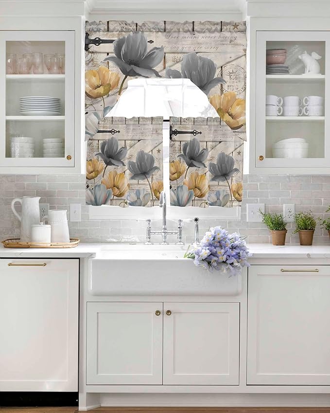 Vintage Tulip Swag Kitchen Curtains Valance and Tier Set, Farmhouse Retro Blue Yellow Grey Flower Barn Door Light-Filtering Swag Valance 36 Inch Length, Rod Pocket Short Curtain for Bedroom Cafe