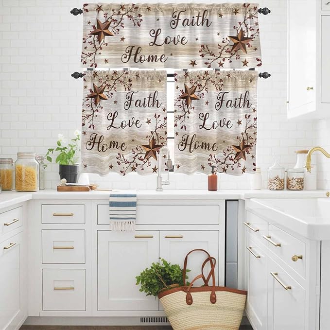 Kitchen Curtains Tiers and Valance Set of 3, Texas Star Brown Light Filtering Window Curtain Set, Farmhouse Retro Branches Wooden Grain Rod Pocket Curtain Drapes for Cafe, Living Room, 36 Inches Tiers