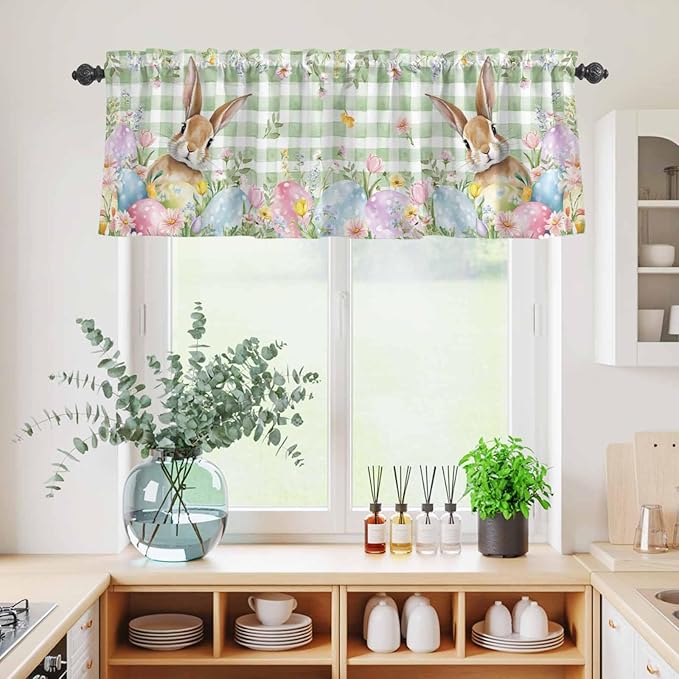Kitchen Curtains Tiers and Valance Set of 3, Easter Light Filtering Window Curtain Set, Spring Bunny Colorful Eggs Floral Leaves Grey Plaid Rod Pocket Curtain Drapes for Living Room, 36 Inches Tiers