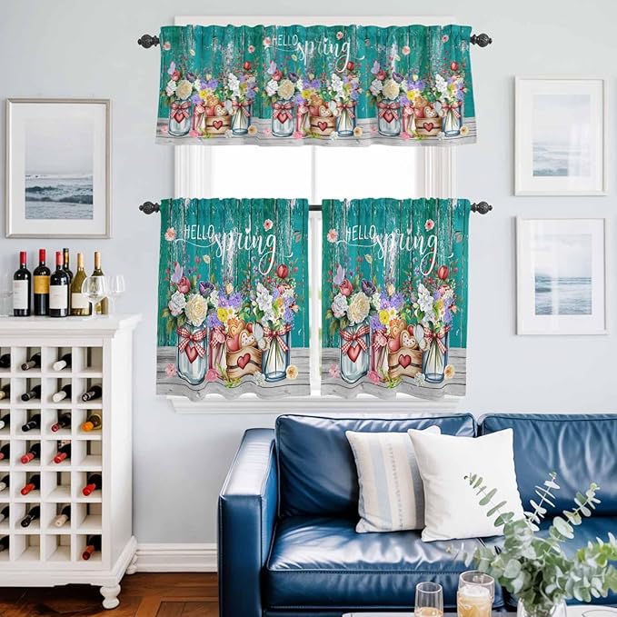 Kitchen Curtains Tiers and Valance Set of 3, Spring Flowers Light Filtering Window Curtain Set, Farmhouse Watercolor Teal Wood Grain Rod Pocket Curtain Drapes for Cafe, Living Room, 24 Inches Tiers