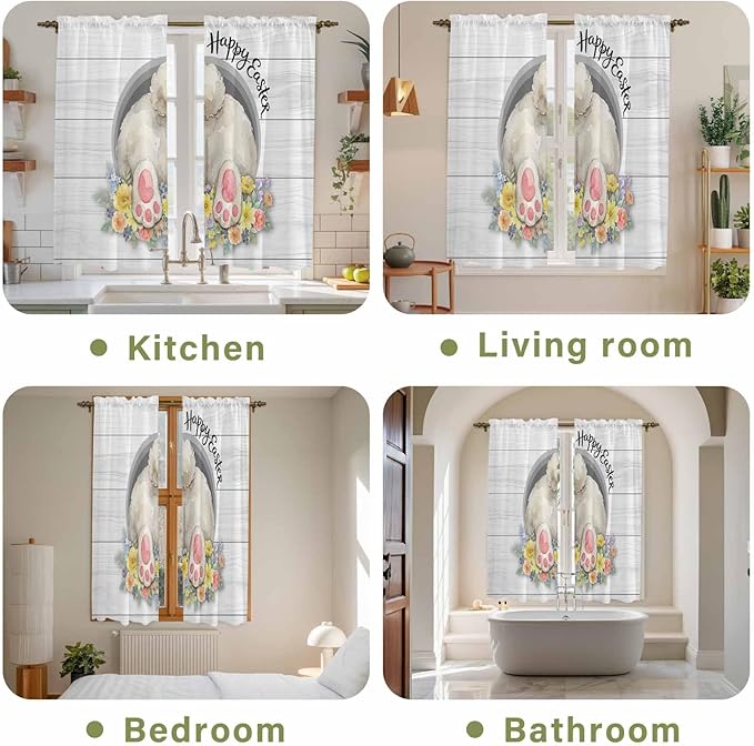 Easter Bunny Window Curtains 63 Inch Long 2 Panel Set,Rod Pocket Bedroom Curtains & Drapes,3D Optical Illusion Farmhouse Flower Wood Grain Light Filtering Window Treatment for Living Room 42"W x 63"L