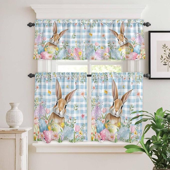 Kitchen Curtains Tiers and Valance Set of 3, Easter Light Filtering Window Curtain Set, Spring Rabbit Eggs Seasonal Flowers Blue Lattice Rod Pocket Curtain Drapes for Living Room, 24 Inches Tiers