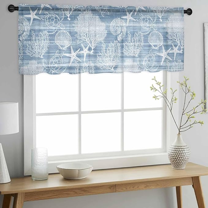 Haze Blue Retro Summer Sheer Valance Curtains, Sea Turtle Starfish Coral Ocean Light Filtering Kitchen Valances Rod Pocket Voile Curtain Window Treatment for Bedroom/Living Room/Basement 54Wx18L